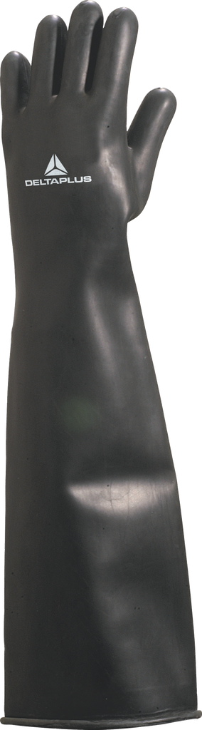 Deltaplus LA600 kraftig sort latex (naturgummi) kemikaliehandske, længde 600 mm, tykkelse 1,15 mm omkreds 49 cm, AQL 0,65