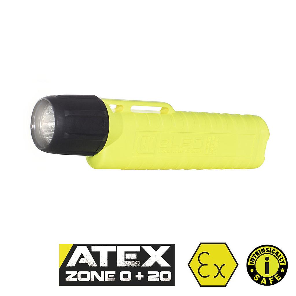 4AA eLED RFL lommelygte, tænd/sluk knap i ende, Sikkerhedsgul, med batterier, ATEX