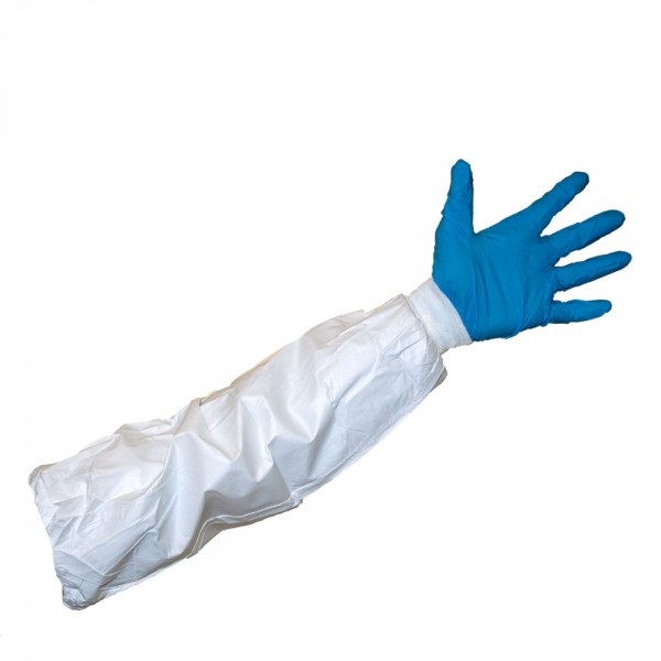 Ærmebeskytter, hvide, antistatisk og fnugfri med ribmanchet ved ærme, længde 49,5 cm. Godkendt iht. EN1149-5 antistatisk og fnugfri EN 1073-2 nuclear