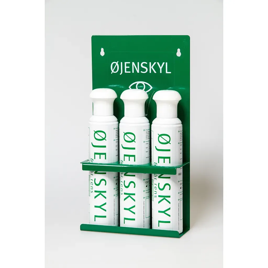 Øjenskyllestation til vægmontering med plads til 3 øjenskylle spray flasker a 250 ml leveres uden flasker