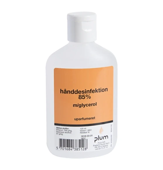 Hånddesinfektion 85% med 6% IPA. 120 ml flaske flydende EN1500-2013