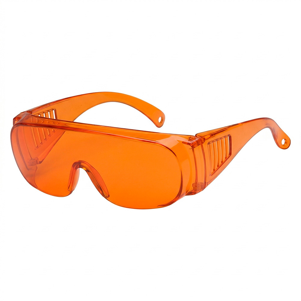 OTG sikkerhedsbrille i orange, med sideskjolde, kan bæres uden på egne briller, vægt kun 45 gram