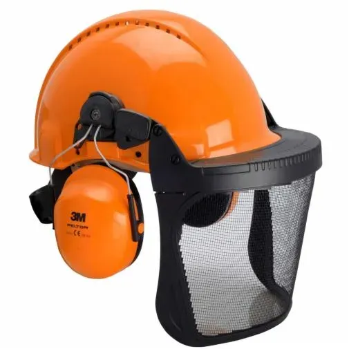 3M&trade; Kombinationshjelm til skovbrug, G3000 orange sikkerhedshjelm, H31 Høreværn, FH1 Holder og 5C Netvisir, G3000NOR31FH15C