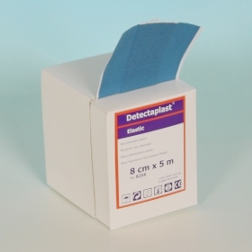 Detectaplast Elastic, blåt sårplaster, elektromagnetisk og visuelt sporbart rulle, 8 cm × 5 meter overholder HACCP forskrifter