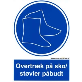 Overtræk på sko/støvler påbudt, A5, 148 x 210 mm påbudsskilte, selvklæbende folie