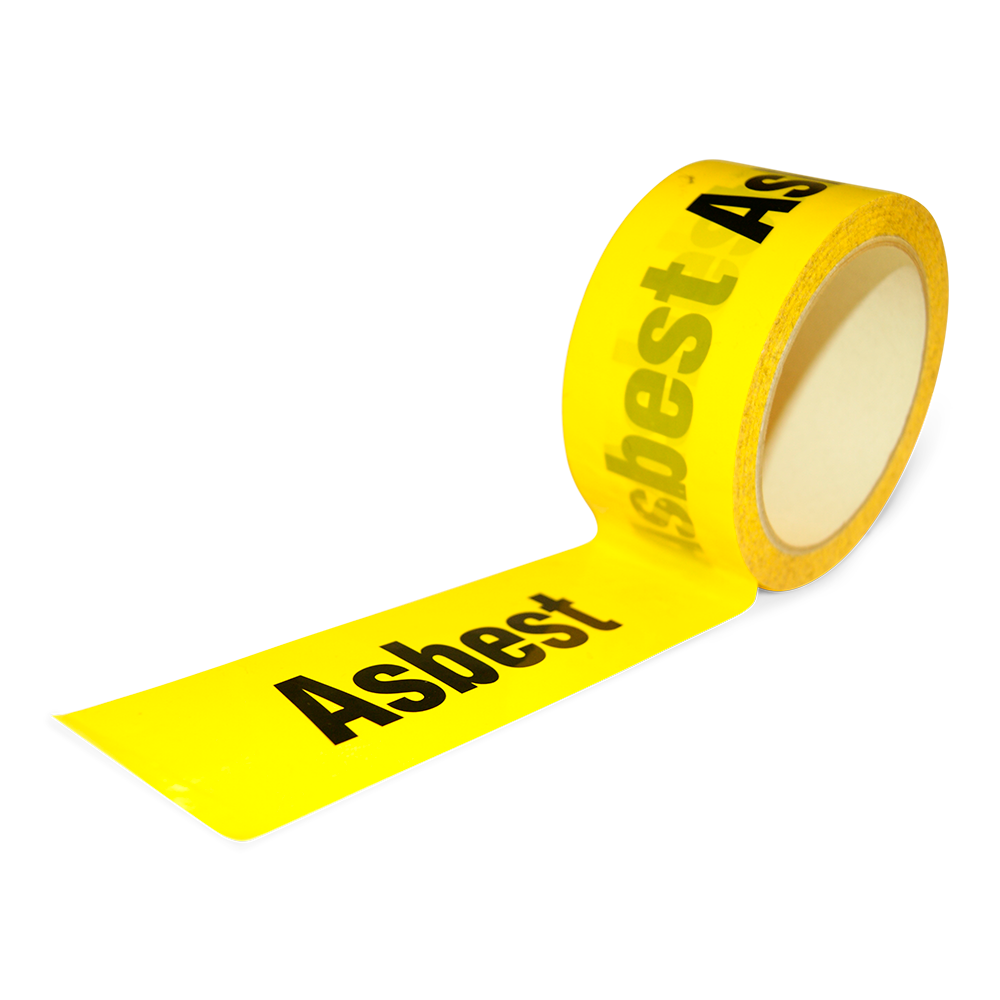 Gul tape med ASBEST tryk, 66 meter bredde 50 mm