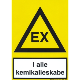 EX "I alle kemikalieskabe", advarselsskilt, selvklæbende folie