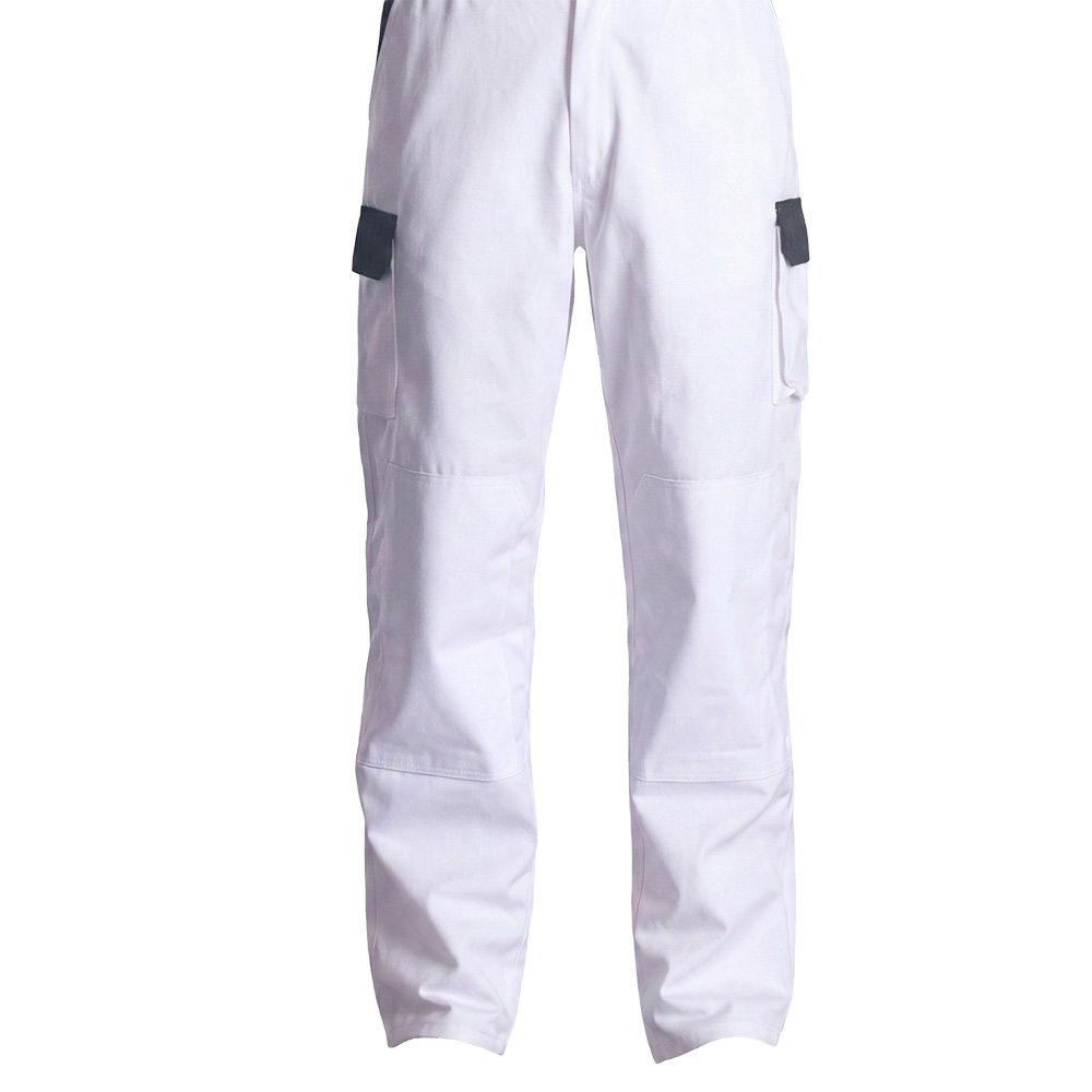 Arbejdsbukser i hvid med koksgrå, i slidstærkt kraftig polyester/bomuld
