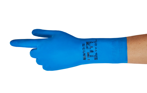 Ansell AlphaTec 79-700 Blå, kemisk bestandig, væsketæt nitrilhandske, velegnet som rengøringshandske længde 310mm tykkelse 0,22 mm AQL 0,65, Antistati