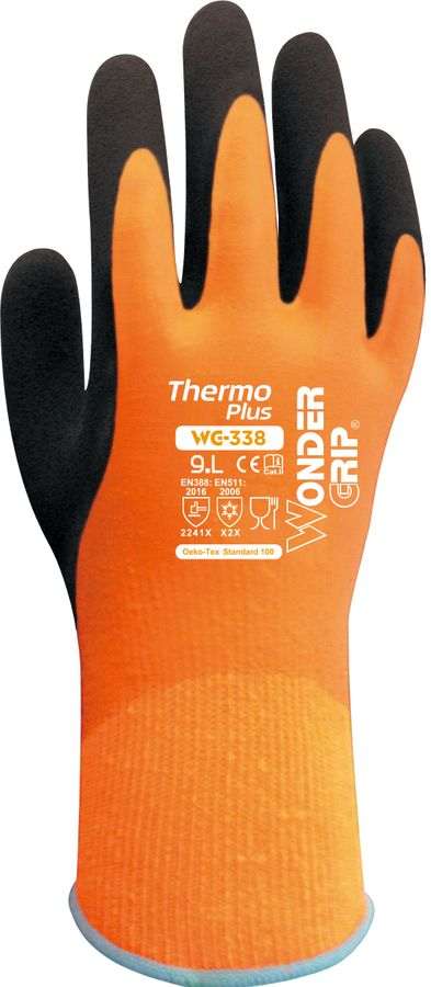 WG-338 Heldyppet Hi-Viz orange termo handske i vandtæt naturgummi på acryl/bomuld for fremragende ru gribeflade. Længde 280 mm. 8 - M