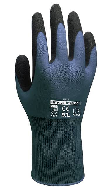 WG-500 Industrihandske til lette opgaver. Fremragende greb om våde emner. Dobbelt nitrilbelægning på nylon, længde 260 mm. Wondergrip 7 - S