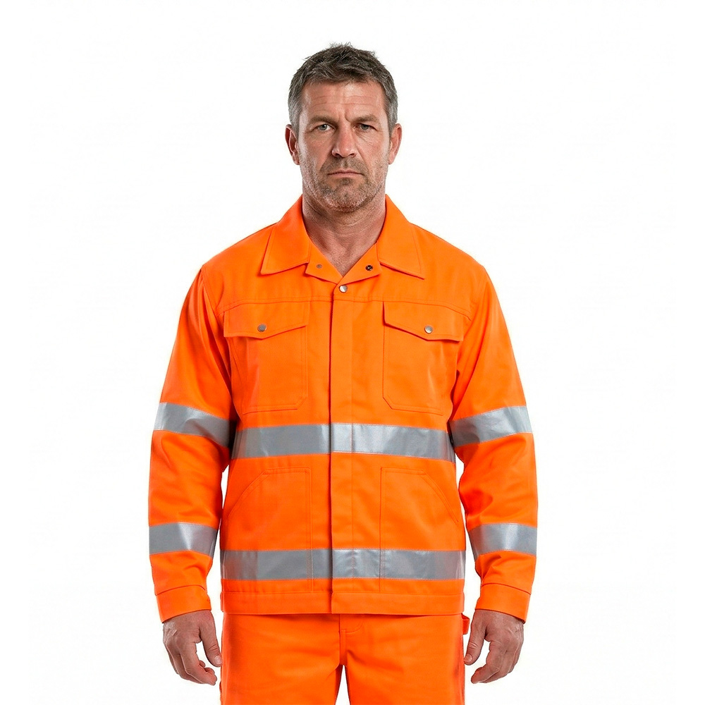 Arbejdsjakke i orange hi-viz, i et slidstærkt polyester/bomuld materiale 108