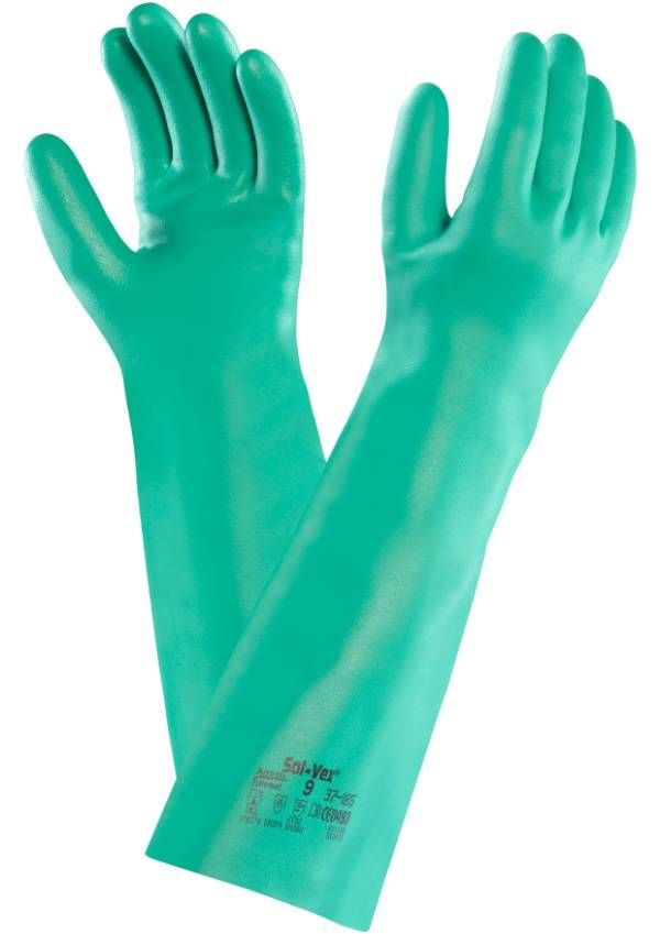 Ansell AlphaTec SolVex 37-185, Lang grøn kemikaliehandske fremstillet i Nitril, længde 457 mm tykkelse 0,56 mm AQL 0,65, uden velourisering 7 - S