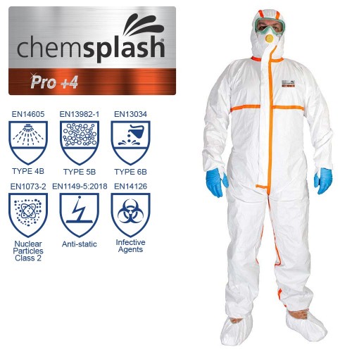 Beskyttelsesdragt lamineret coverall med hætte, CHEMSPLASH PRO +4 COVERALL - TYPE 4/5/6 antistatisk modstandsdygtig over for smitstoffer EN14126 klass