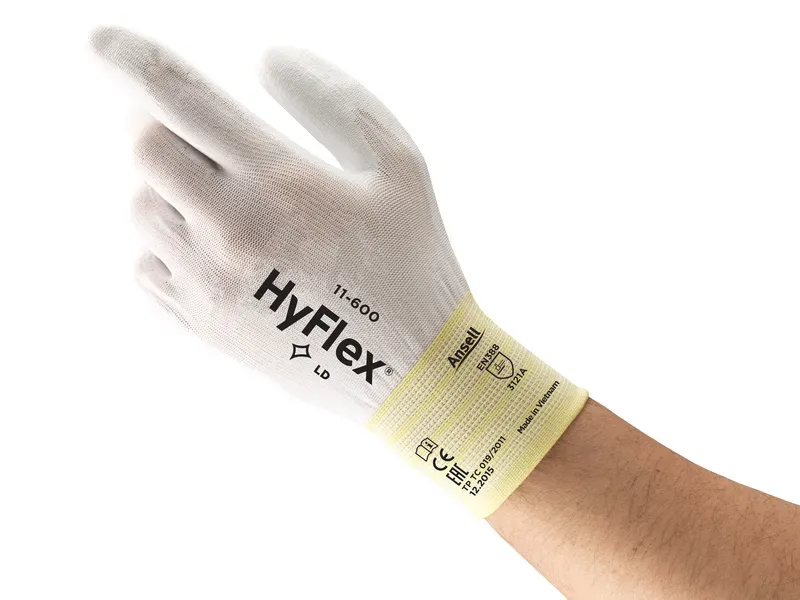 Ansell HyFlex 11-600 Sømløs, hvid halvdyppet PU-handske, på polyamidfor længde 200-260 mm 6 - XS
