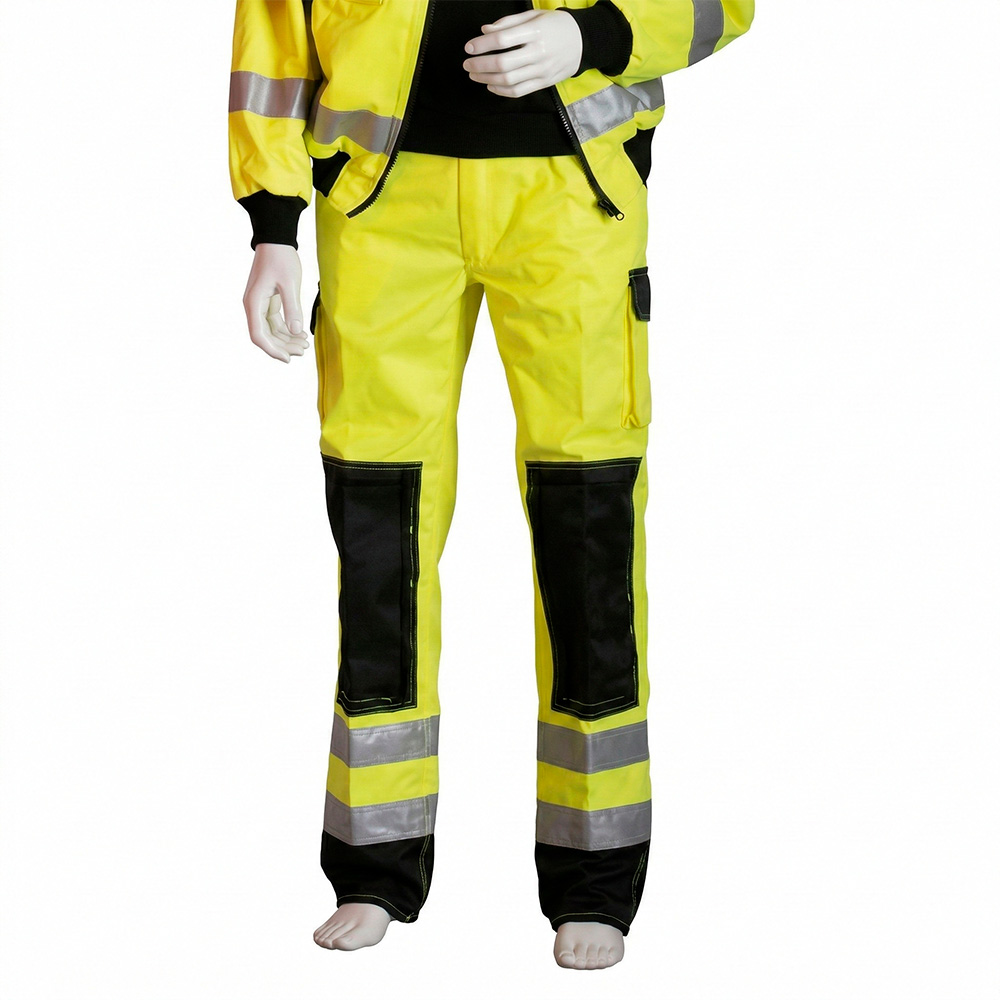 Arbejdsbukser med masser af lommer i gul Hi-Viz med sorte dele, slidstærkt materiale i 70% polyester 30% bomuld 80