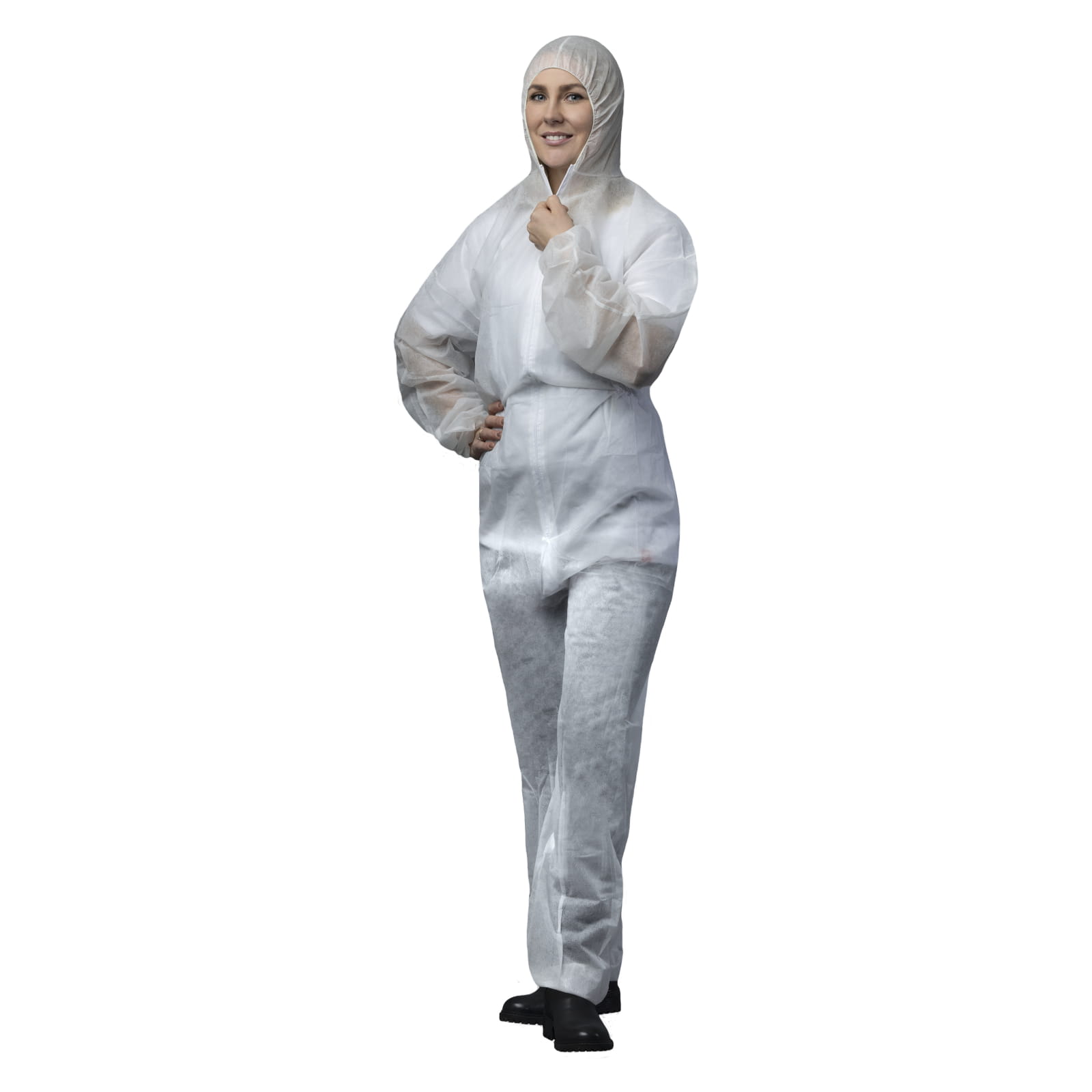 Besøgsdragt, polypropylen coverall, elastisk hætte, lynlåsklap, elastisk talje, manchetter og ankler, individuelt pakket i poser XLarge