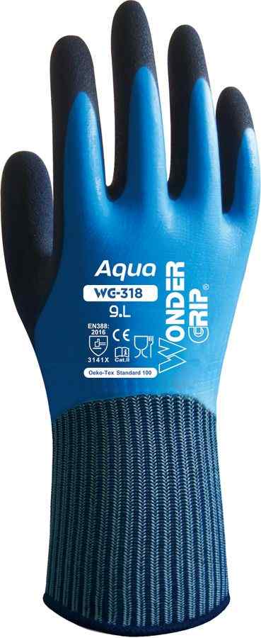 WG-318 Wondergrip Aqua Vandtæt blå montering handske, heldyppet i naturgummi (latex), med praktisk rib manchet, samt en ru gribeflade længde 260 mm 1