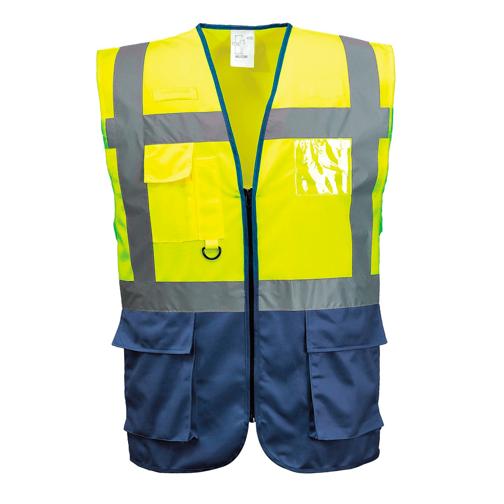Refleks sikkerheds vest klasse 1, Hi-Viz gul/navy 7 lommer D ring til nøgler og id kort XLarge