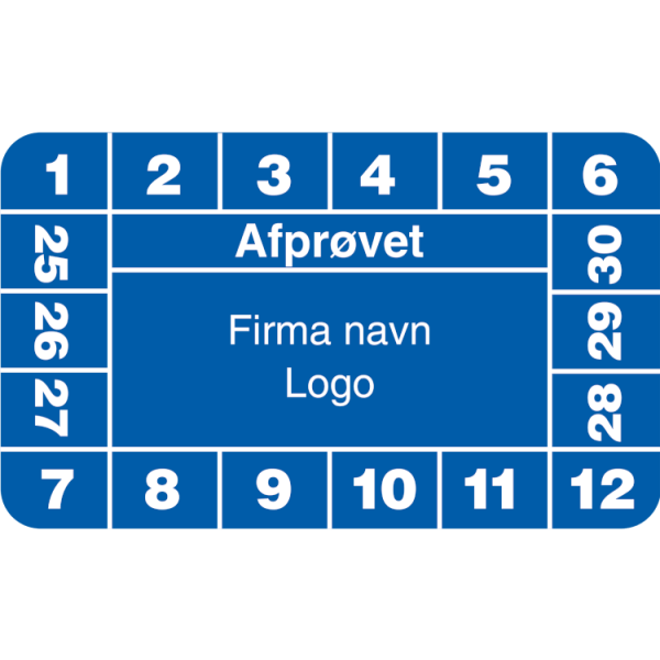 Afprøvet - Kalibreringsmærker med firmanavn, ark a 10 stk. 30 x 50 mm Blå