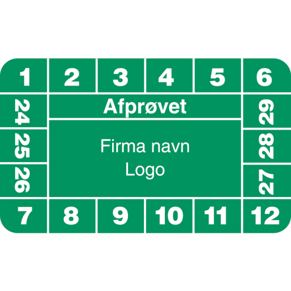 Afprøvet - Kalibreringsmærker med firmanavn, ark a 10 stk. 30 x 50 mm Grøn