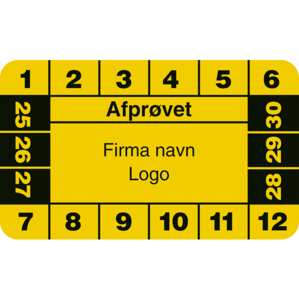 Afprøvet - Kalibreringsmærker med firmanavn, ark a 10 stk. 30 x 50 mm Gul