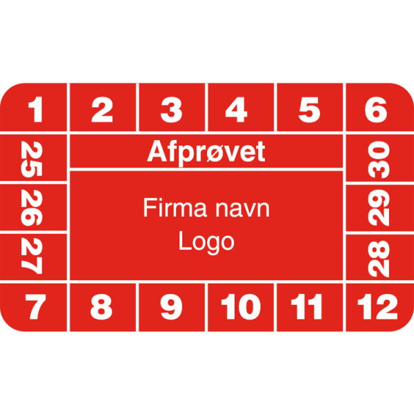 Afprøvet - Kalibreringsmærker med firmanavn, ark a 10 stk. 30 x 50 mm Rød