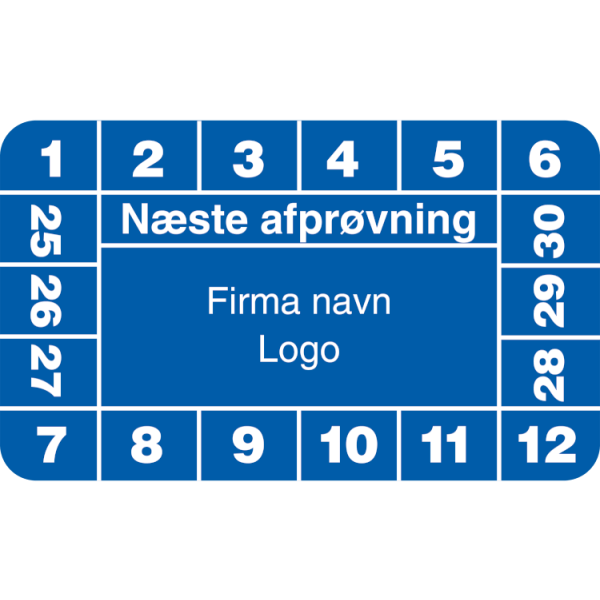 Næste afprøvning - Kalibreringsmærker med firmanavn, ark a 10 stk. 30 x 50 mm Blå