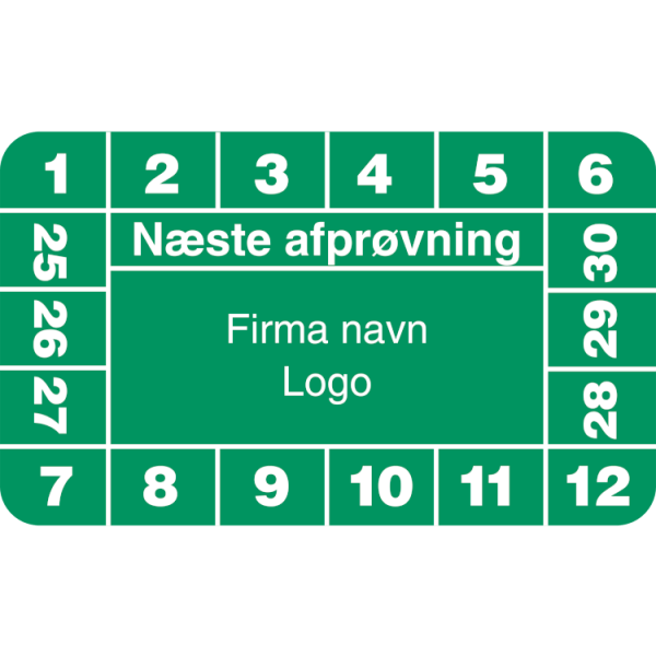 Næste afprøvning - Kalibreringsmærker med firmanavn, ark a 10 stk. 30 x 50 mm Grøn