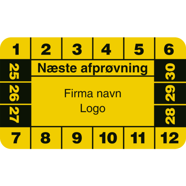 Næste afprøvning - Kalibreringsmærker med firmanavn, ark a 10 stk. 30 x 50 mm Gul
