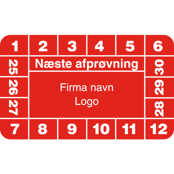 Næste afprøvning - Kalibreringsmærker med firmanavn, ark a 10 stk. 30 x 50 mm Rød