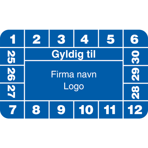 Gyldig til - Kalibreringsmærker med firmanavn, ark a 10 stk, 30 x 50 mm Blå