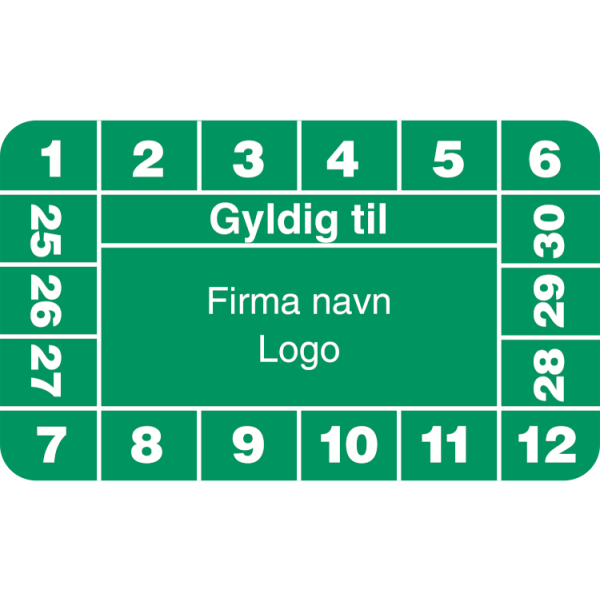 Gyldig til - Kalibreringsmærker med firmanavn, ark a 10 stk, 30 x 50 mm Grøn