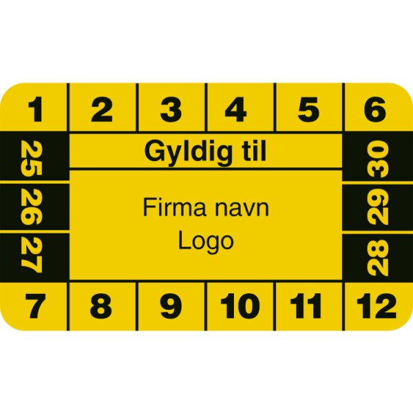 Gyldig til - Kalibreringsmærker med firmanavn, ark a 10 stk, 30 x 50 mm Gul