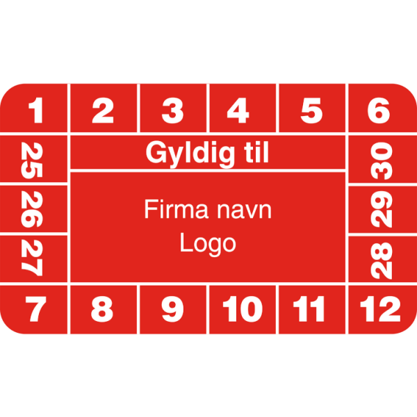 Gyldig til - Kalibreringsmærker med firmanavn, ark a 10 stk, 30 x 50 mm Rød