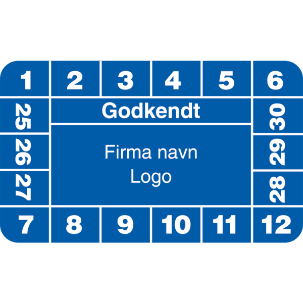 Godkendt - Kalibreringsmærker med firmanavn, ark a 10 stk. 30 x 50 mm Blå