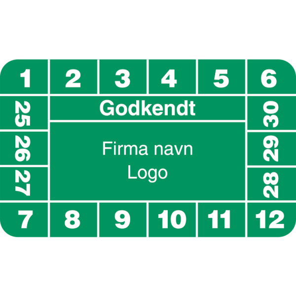 Godkendt - Kalibreringsmærker med firmanavn, ark a 10 stk. 30 x 50 mm Grøn