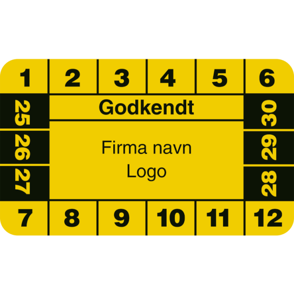 Godkendt - Kalibreringsmærker med firmanavn, ark a 10 stk. 30 x 50 mm Gul