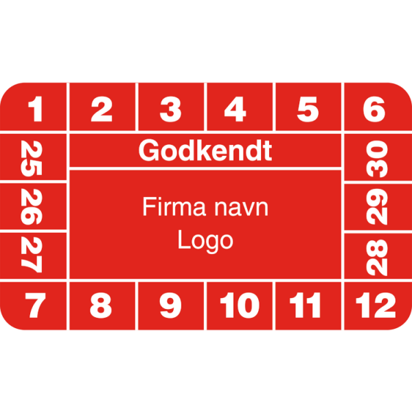 Godkendt - Kalibreringsmærker med firmanavn, ark a 10 stk. 30 x 50 mm Rød