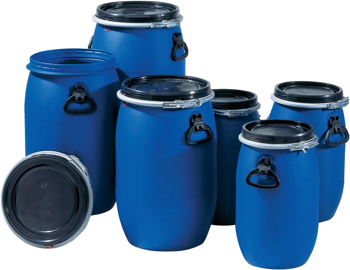Plasttønde med låg, tromme med bred hals, 2 håndtag, 30, 60 og 120, fodertønde 60L