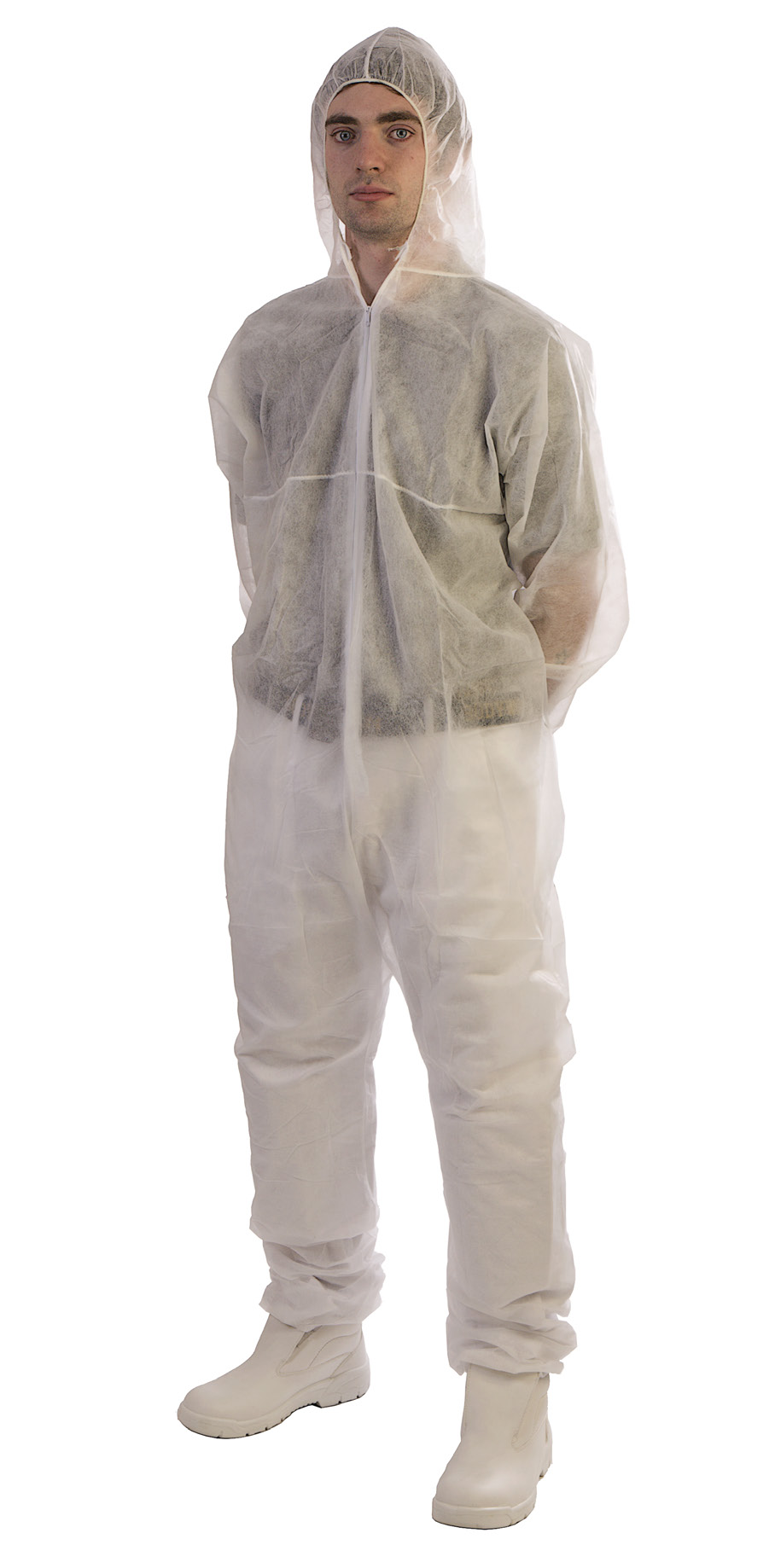 Hvid engangsdragt / Coverall i Polypropylene med hætte Gæste / Besøgsdragt Small
