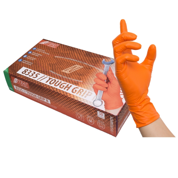 8335 Tough Grip Orange med nubret håndflade nitril Kemi engangshandsker passer begge hænder AQL 1,5 længde 300 mm XLarge