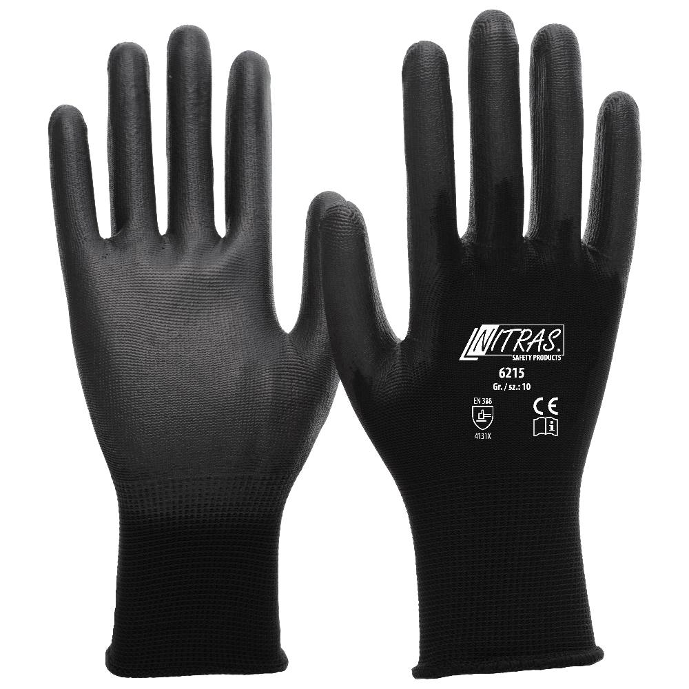 Nitras 6215 Sort PU handske med nylon halvdyppet tynd og fleksibel 10 - XL