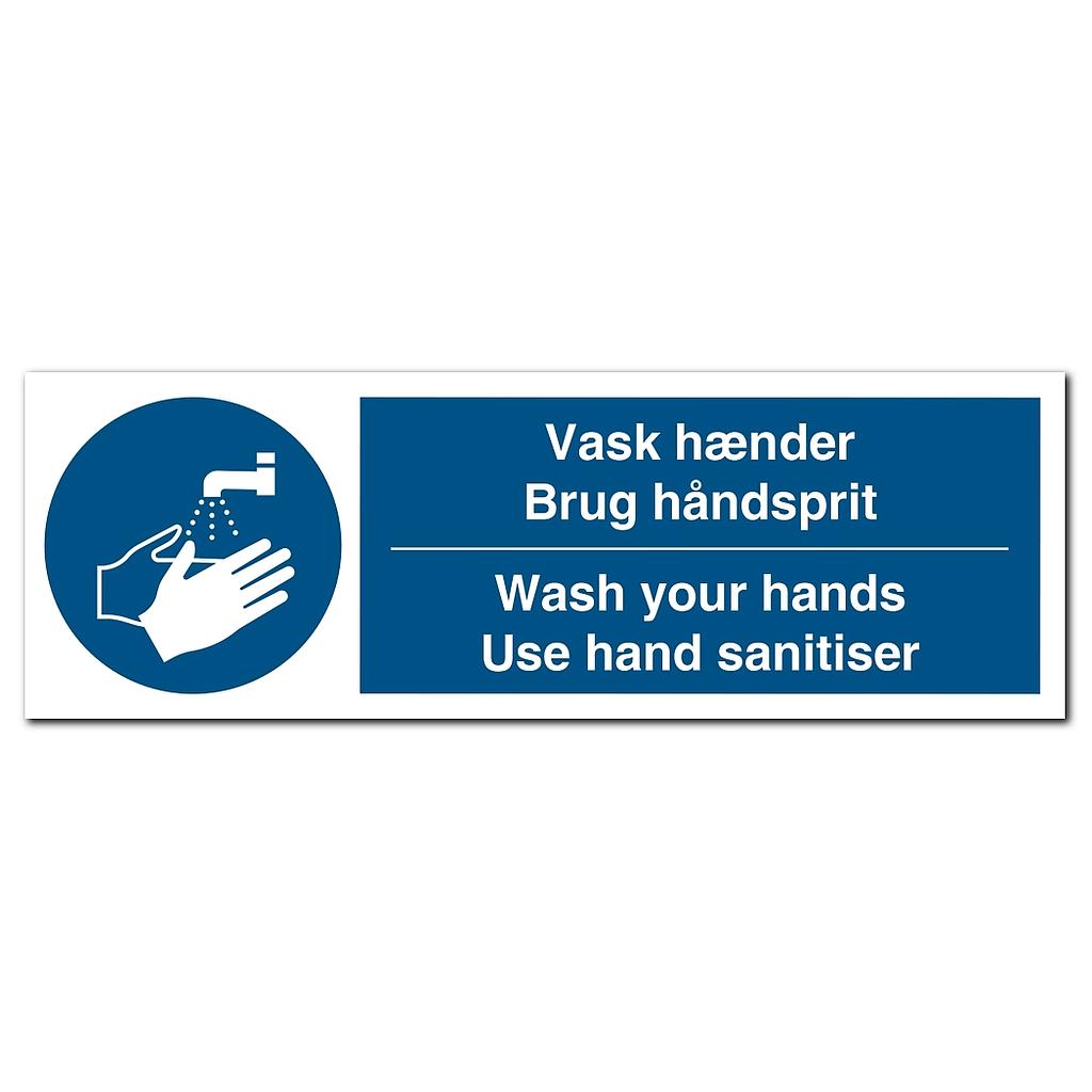 Dansk-engelsk Vask hænder Brug håndsprit (Wash your hands - Use hand sanitiser) påbudsskilt 105 x 297 mm Selvklæbende