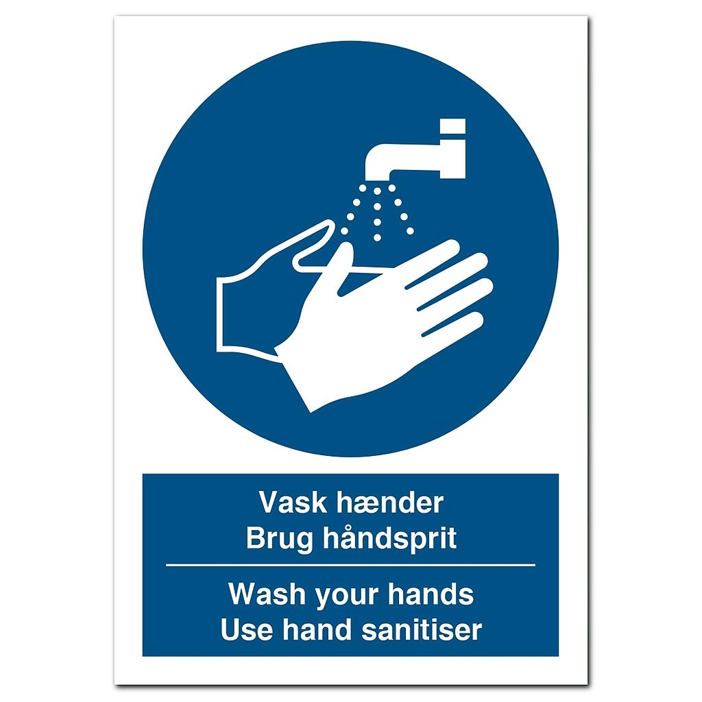 Dansk-engelsk Vask hænder Brug håndsprit / Wash your hands - Use hand sanitiser påbudsskilt, 297 x 210 mm Plast
