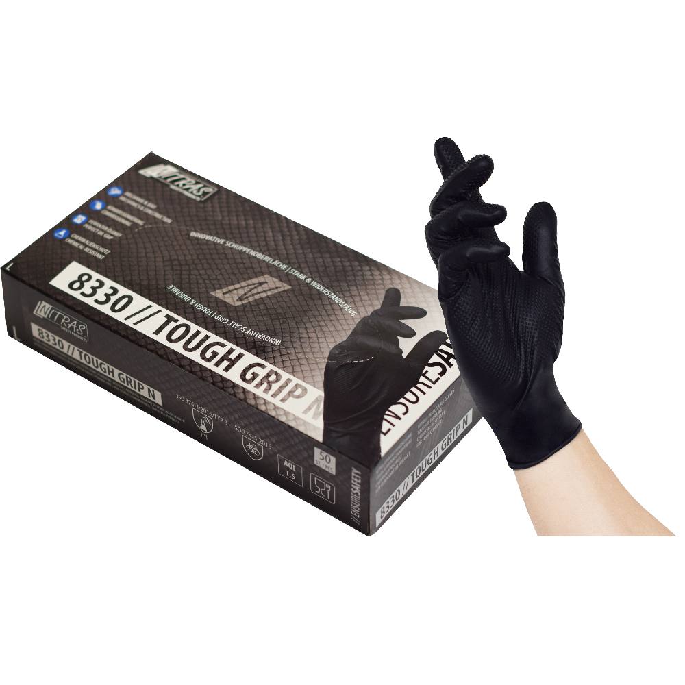 8330 Tough Grip Sort kemi og fødevaregodkendt handske med nubret håndflade, passer på begge hænder nitril engangshandsker, AQL 1,5 sort længde 300mm t