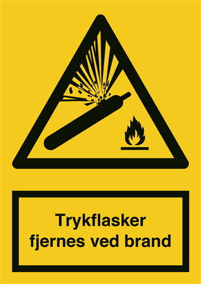 Trykflasker fjernes ved brand, advarselsskilt, plast A3