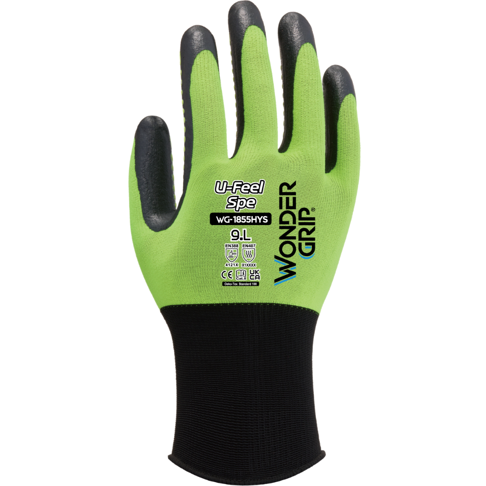 WG-1855HYS Wonder Grip® U-Feel Spe neon grøn med sort nitril samt micro gribe dupper god fingerføling 9 - L