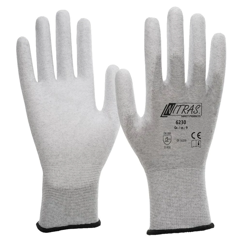 Nitras 6230 Grå ESD handsker. Antistatiske delvist PU dyppede strik handsker i nylon/carbon fiber, touchscreen kompatibel 10 - XL