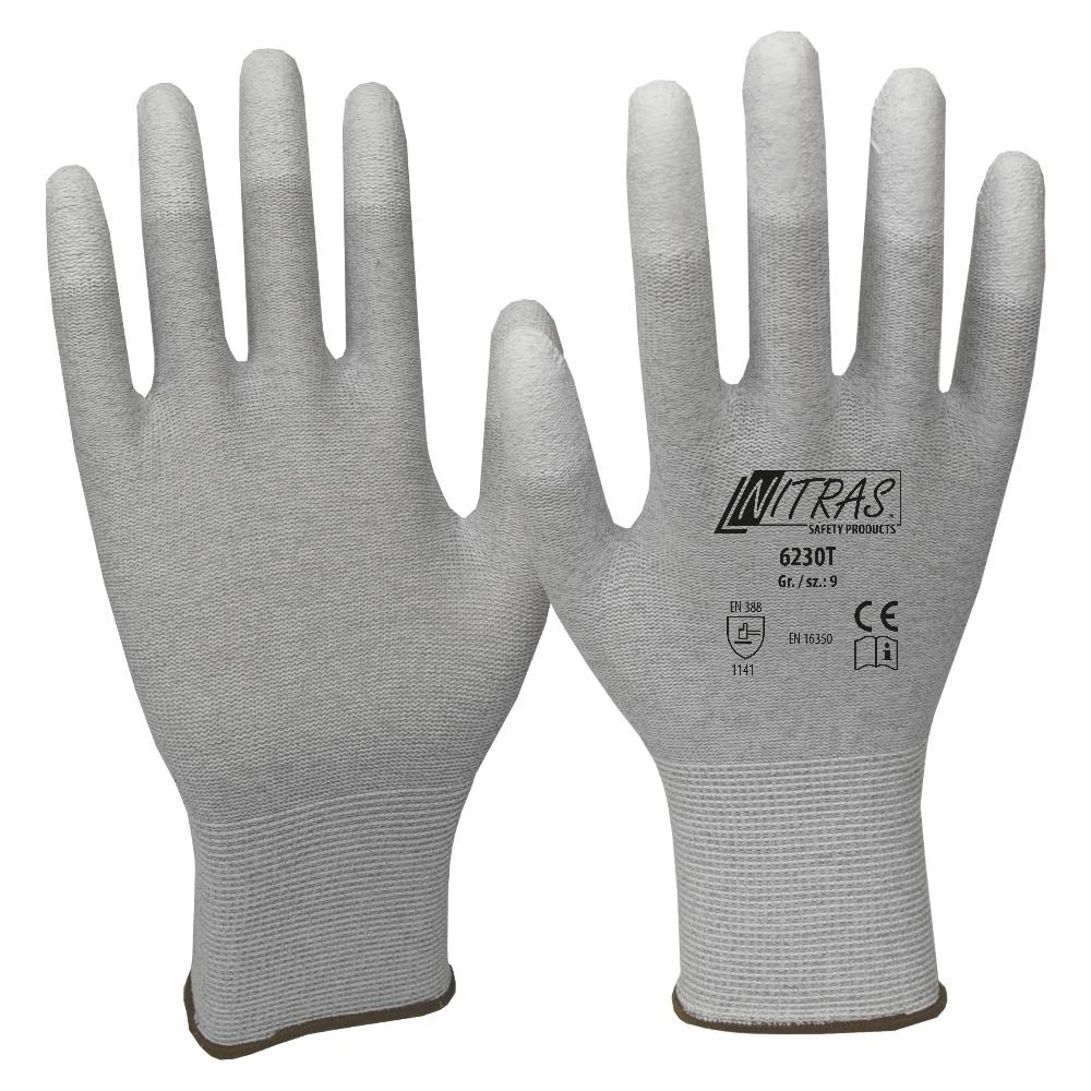 Nitras 6230T ESD handsker, antistatiske, strikkede handsker, PU dyppede fingre, kan bruges på touchscreens, ATEX EN 16350 7 - S